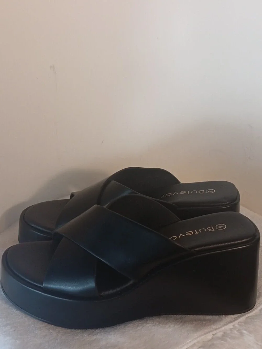 Black Platform Slide Sandals - Women's